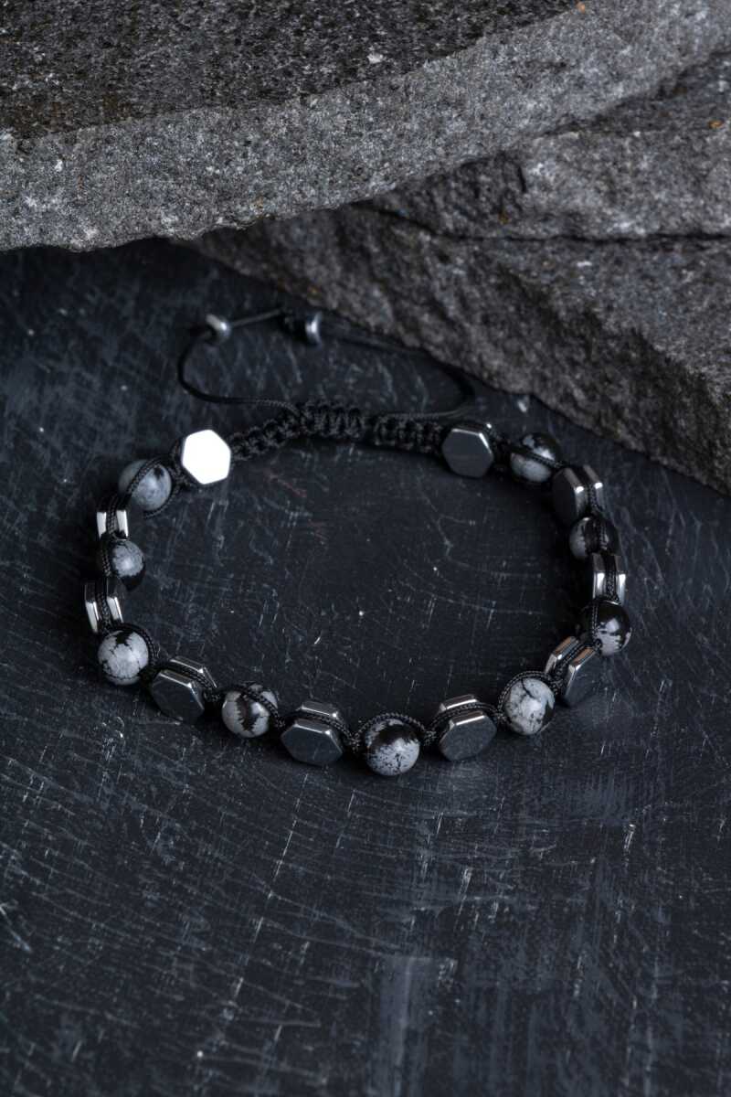 Sertifikalı Karlı Obsidyen, Hematit Doğal Taş Makrome Bileklik