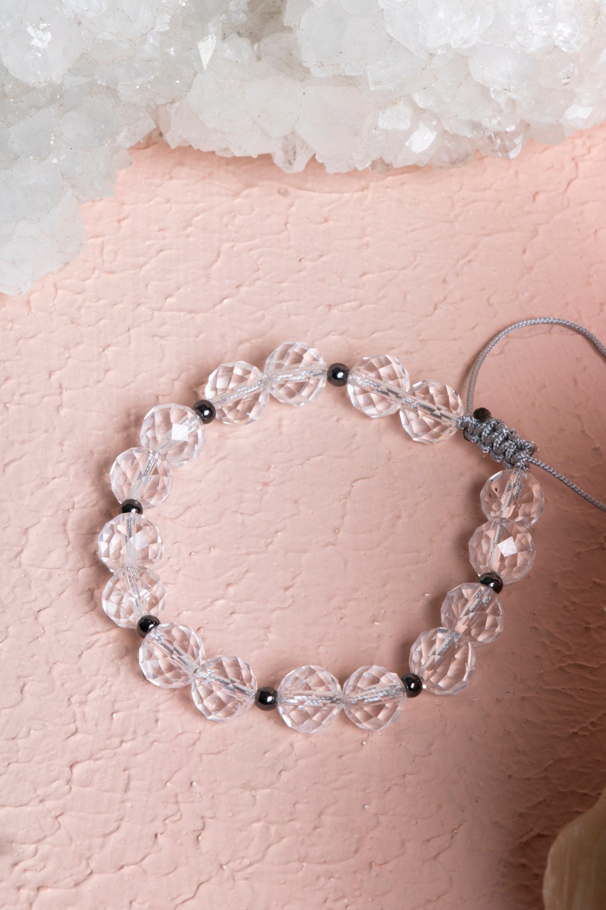 Sertifikalı Kristal Kuvars, Hematit Fasetli Doğal Taş Makrome Bileklik 