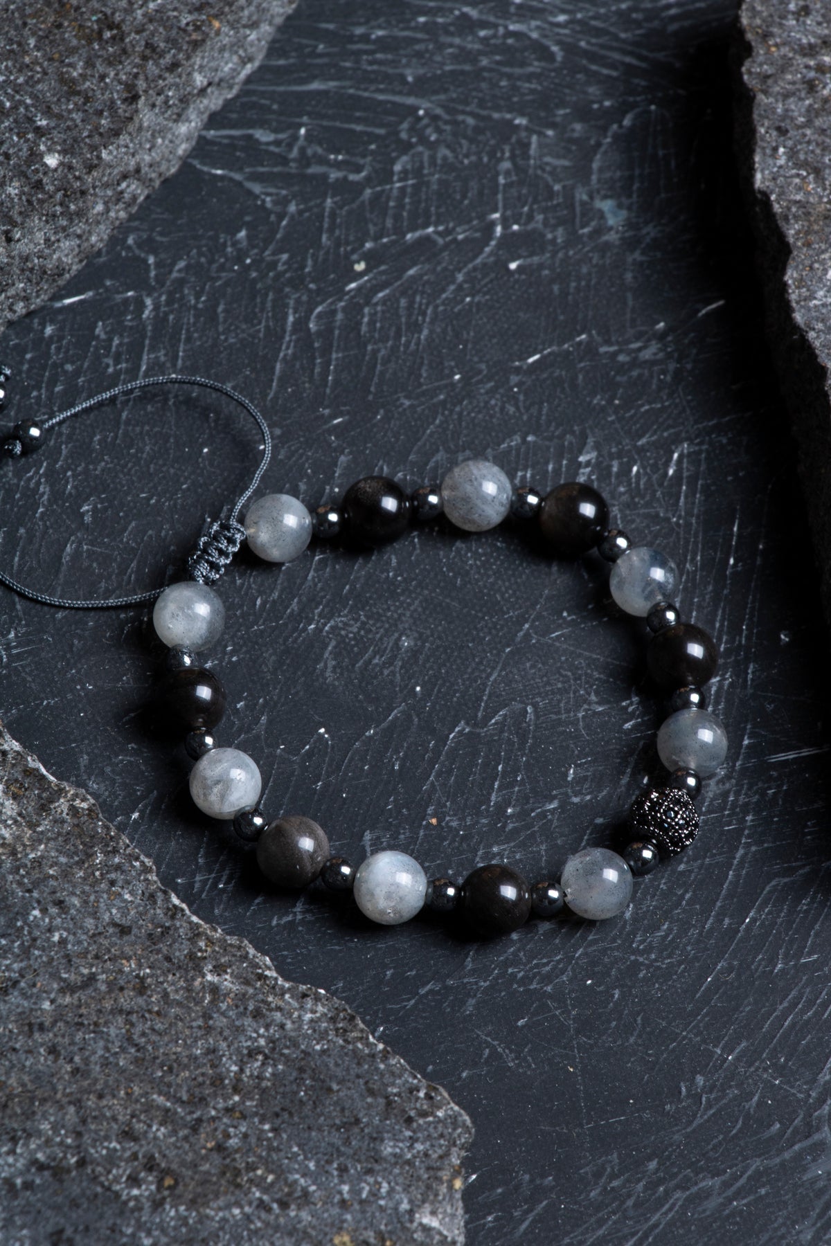 Sertifikalı Labradorit, Obsidyen, Hematit Doğal Taş Makrome Bileklik