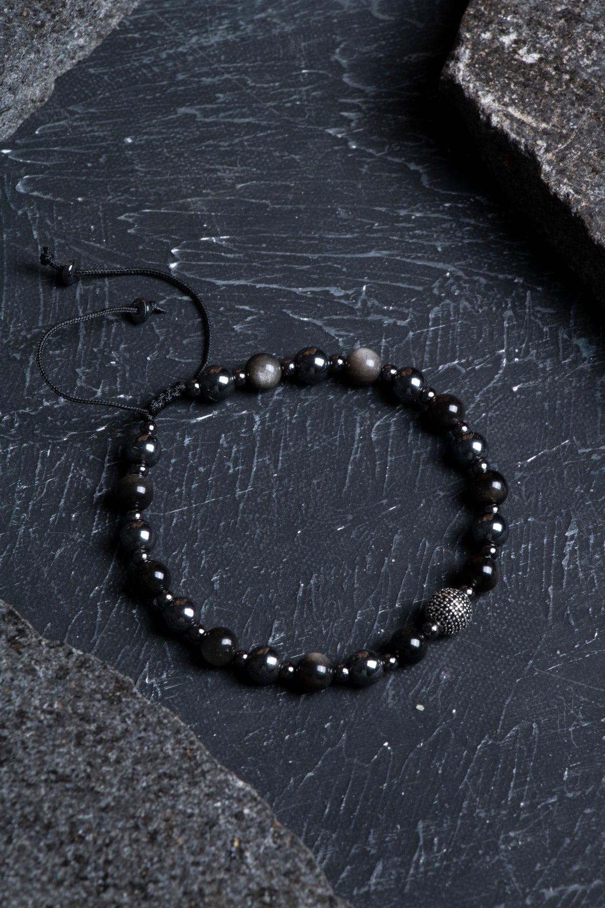 Sertifikalı Obsidyen, Hematit Gümüş Aparat  Doğal Taş Makrome Bileklik