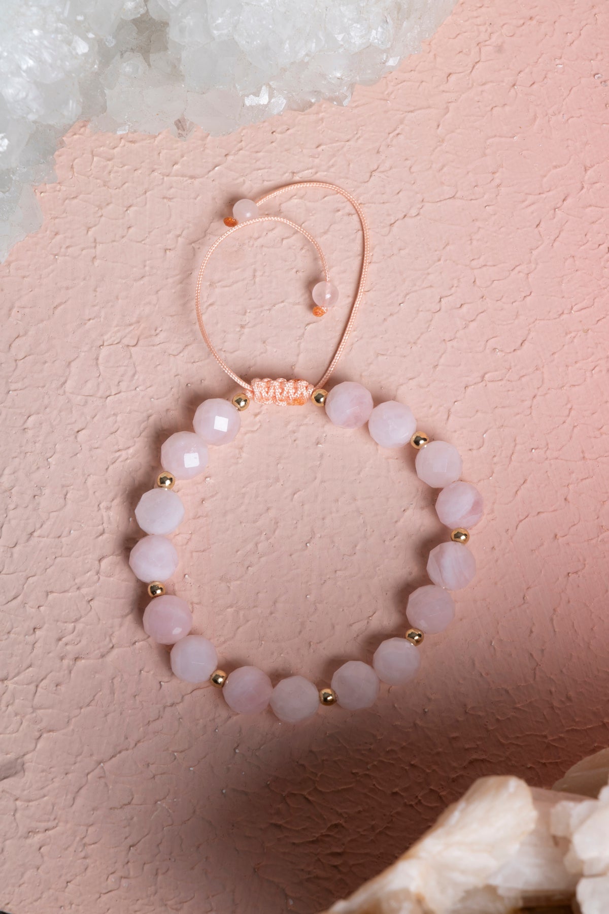 Sertifikalı Pembe Kuvars, Hematit Fasetli Doğal Taş Makrome Bileklik 