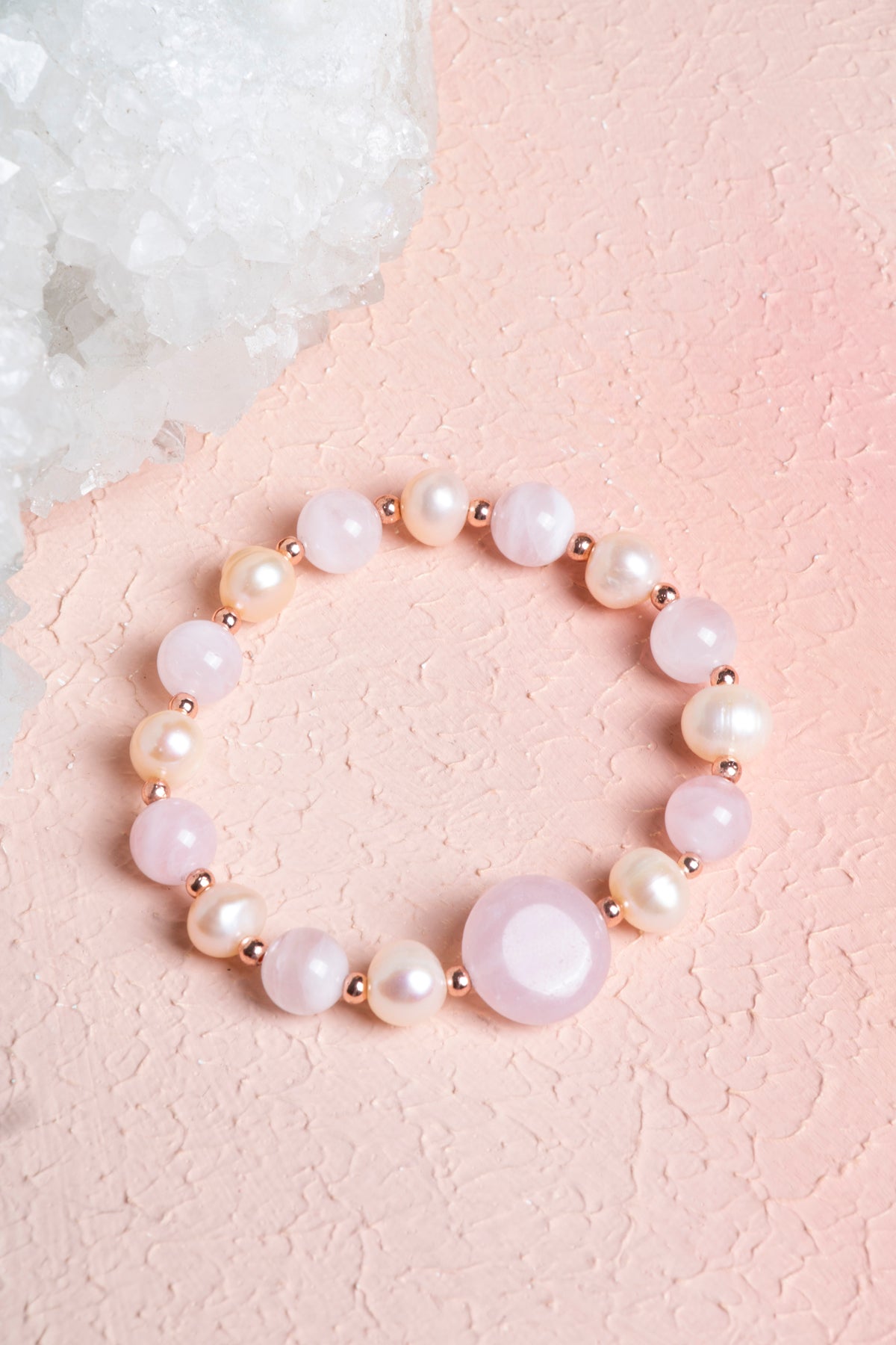 Sertifikalı Pembe Kuvars, İnci, Hematit Doğal Taş Bileklik