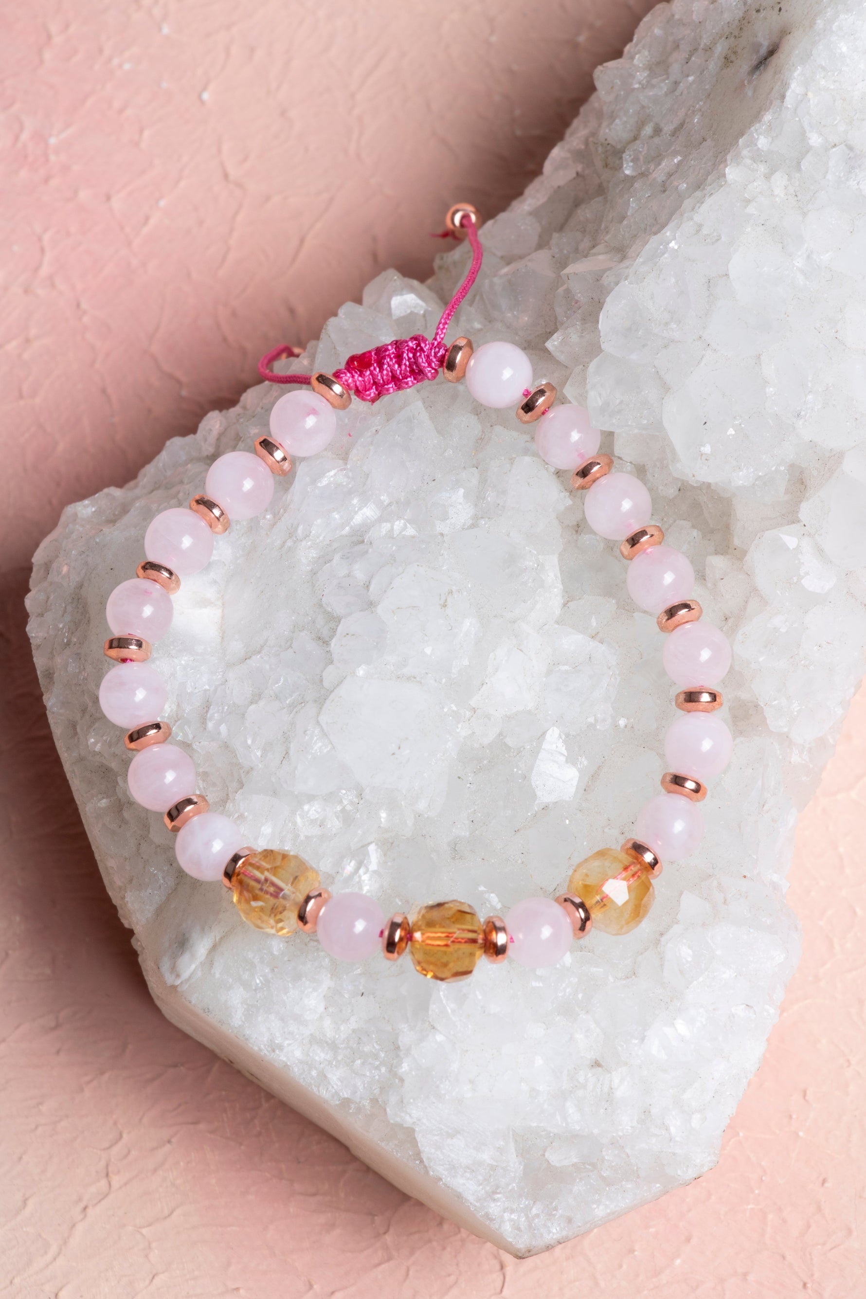 Sertifikalı Pembe Kuvars ,Sitrin Fasetli Doğal Taş Bileklik 