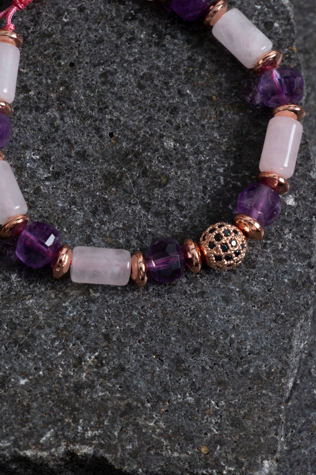 Sertifikalı Pembe Kuvars Ametist ve Hematit Bileklik