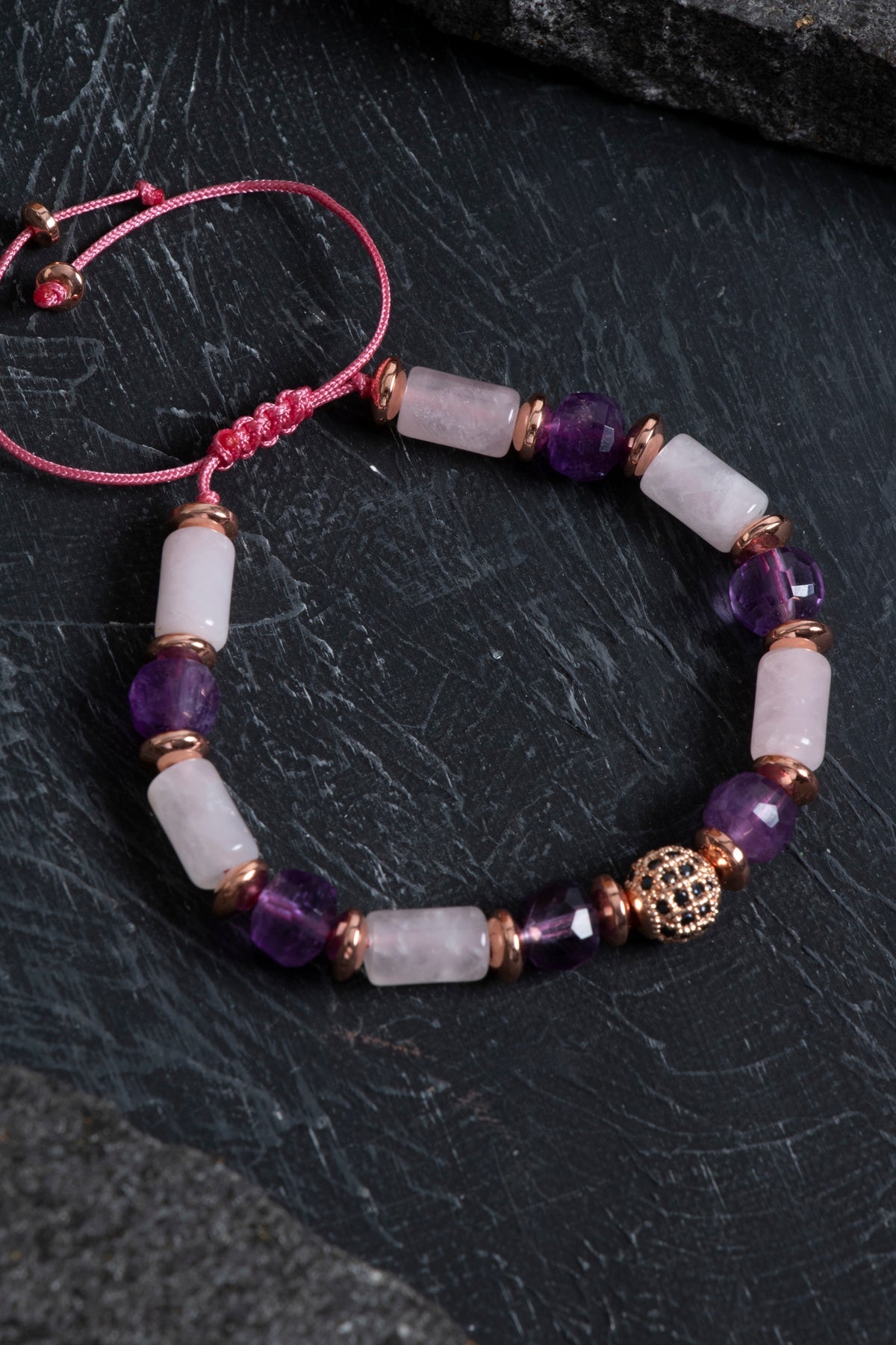 Sertifikalı Pembe Kuvars Ametist ve Hematit Bileklik