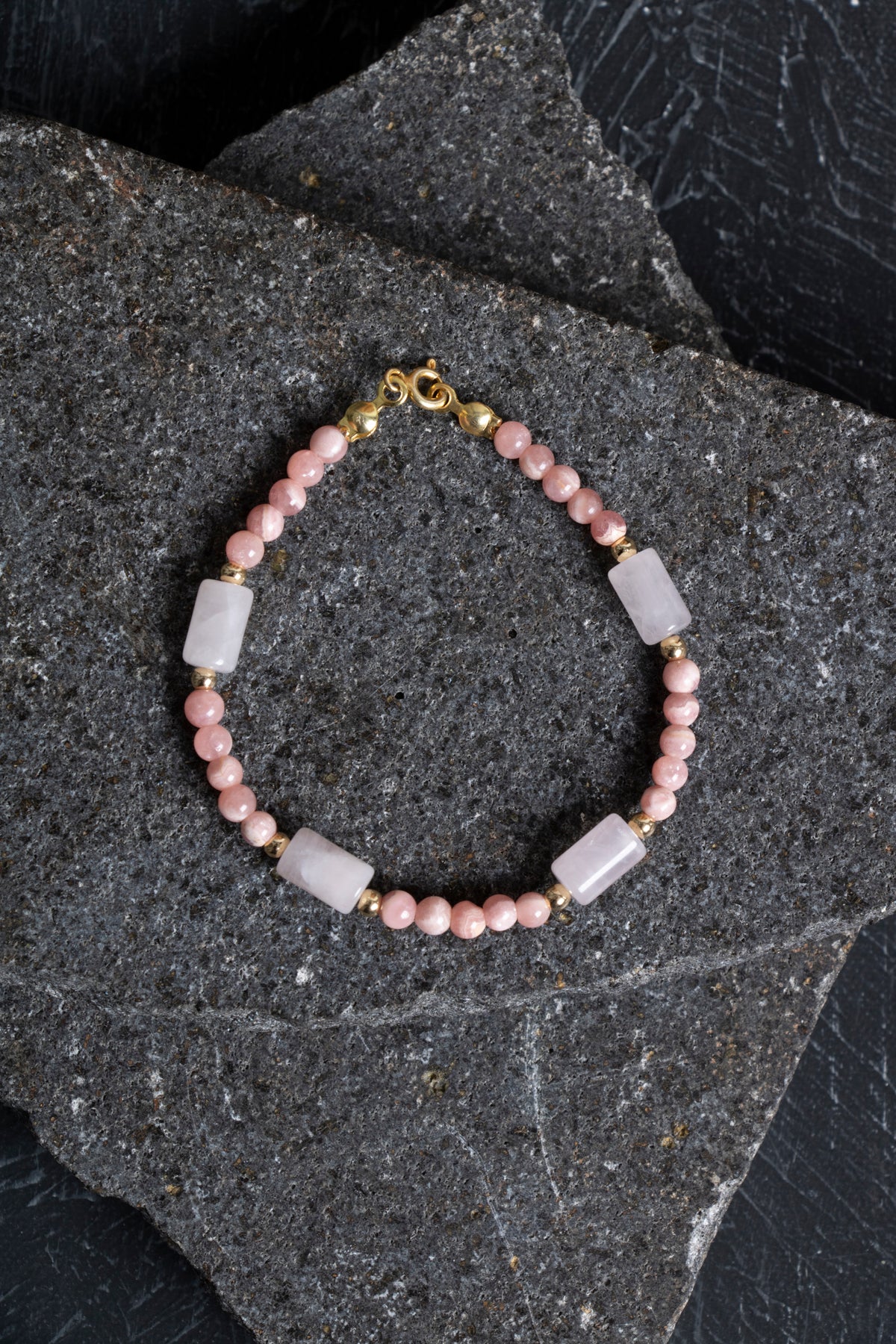 Sertifikalı Rodokrosit, Pembe Kuvars, Hematit Doğal Taş Bileklik 