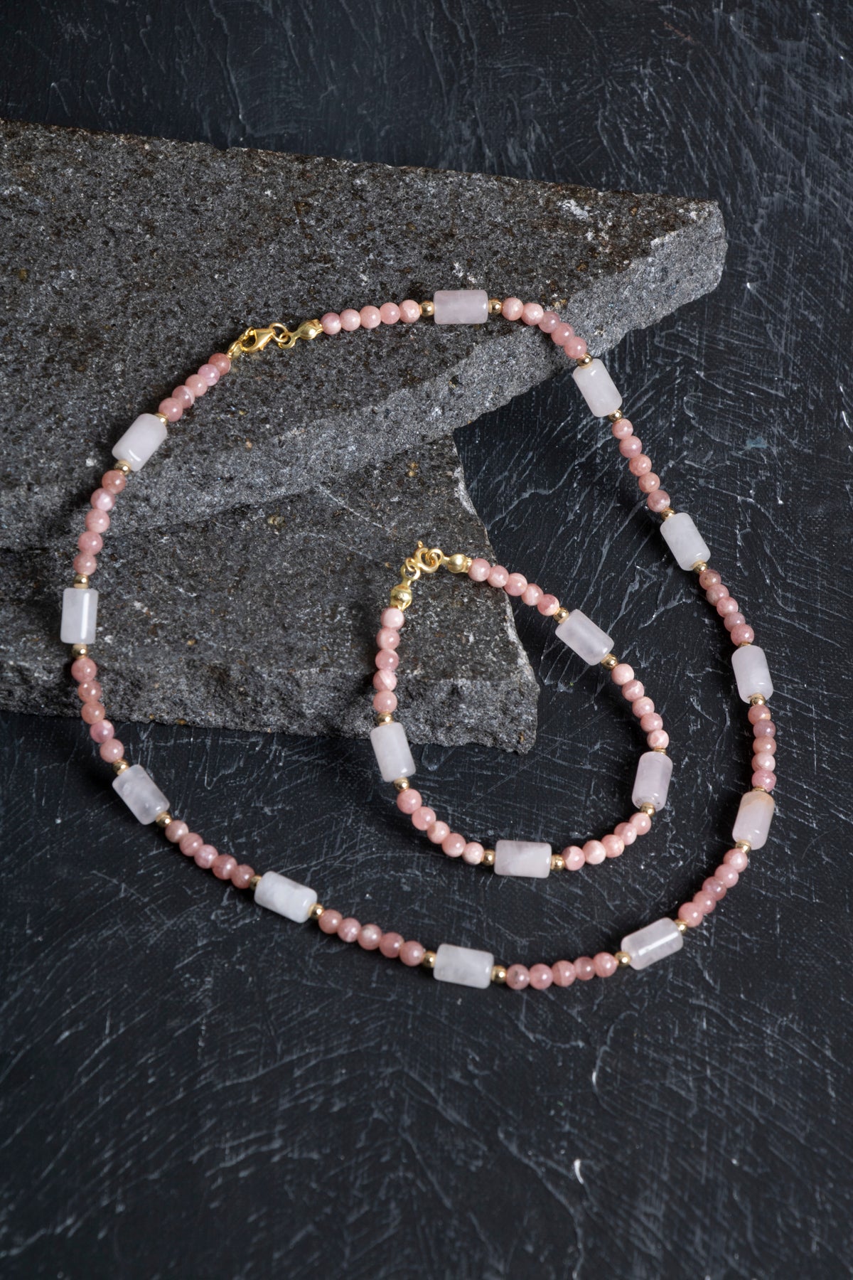 Sertifikalı Rodokrosit, Pembe Kuvars, Hematit Doğal Taş Set