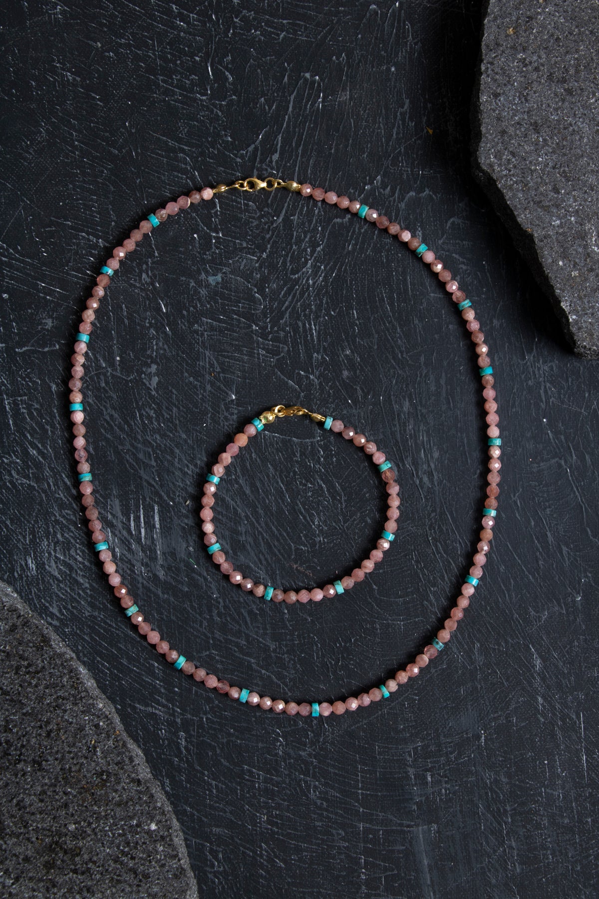 Sertifikalı Rodokrozit, Turkuaz Gümüş Kapama Doğal Taş Set