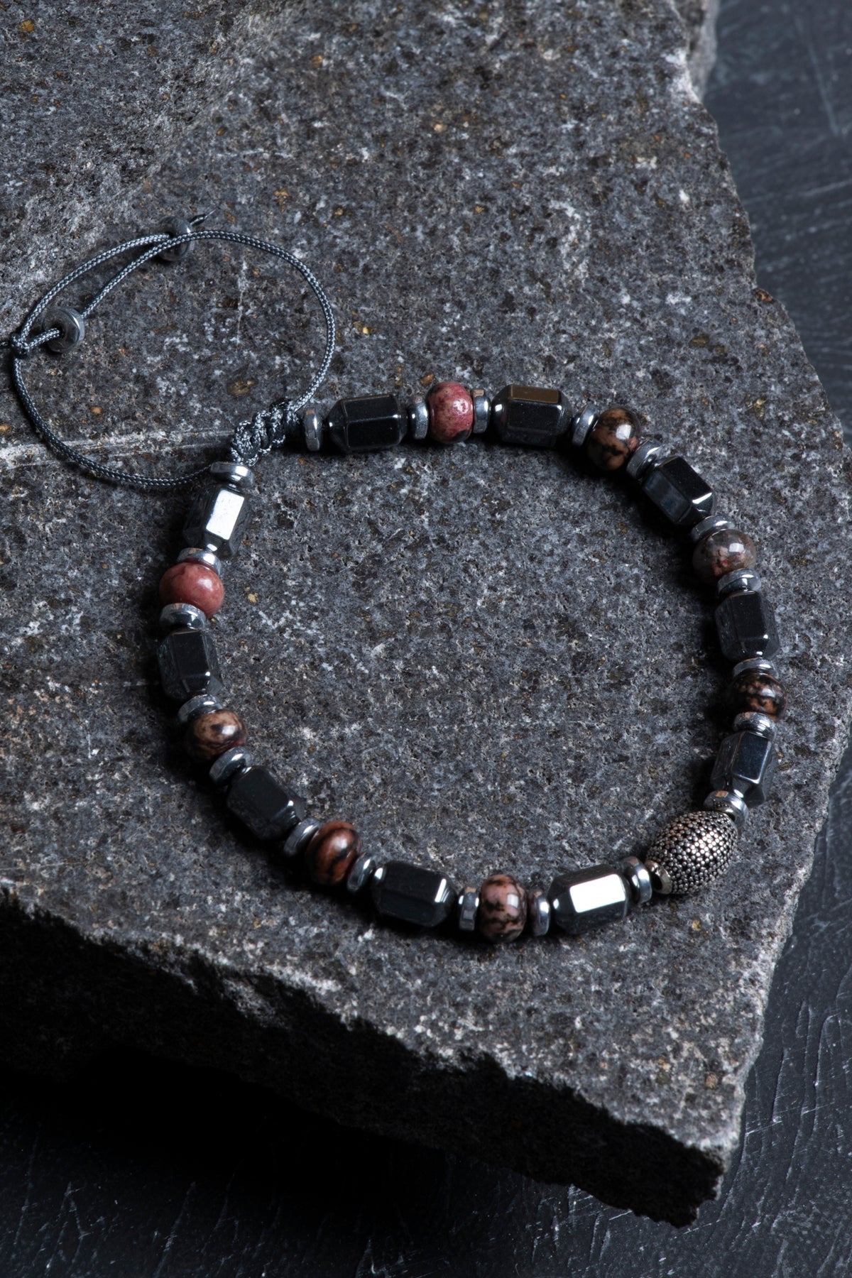 Sertifikalı Rodonit, Hematit Gümüş Aparat Doğal Taş Makrome Bileklik