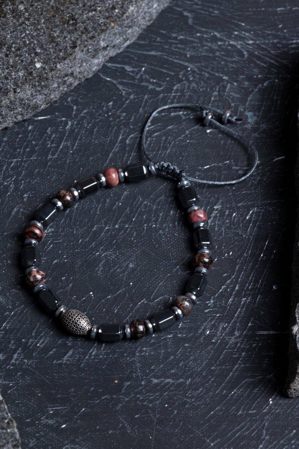 Sertifikalı Rodonit, Hematit Gümüş Aparat Doğal Taş Makrome Bileklik