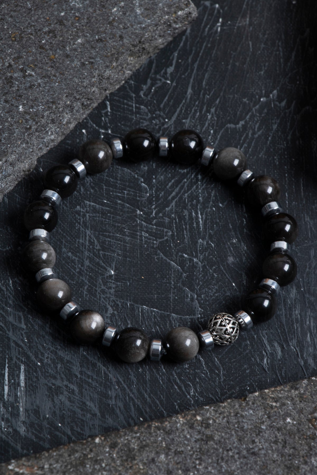 Sertifikalı Silver Obsidyen, Hematit Gümüş Aparat Doğal Taş Bileklik