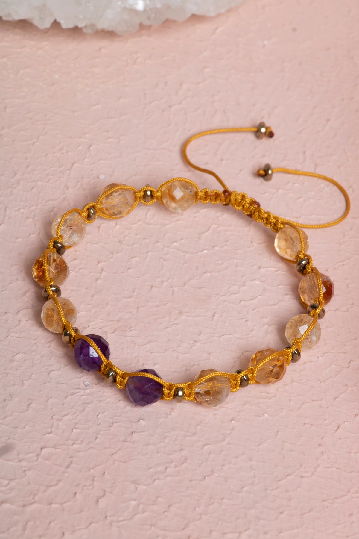 Sertifikalı Sitrin, Ametist Fasetli Doğal Taş Makrome Bileklik 
