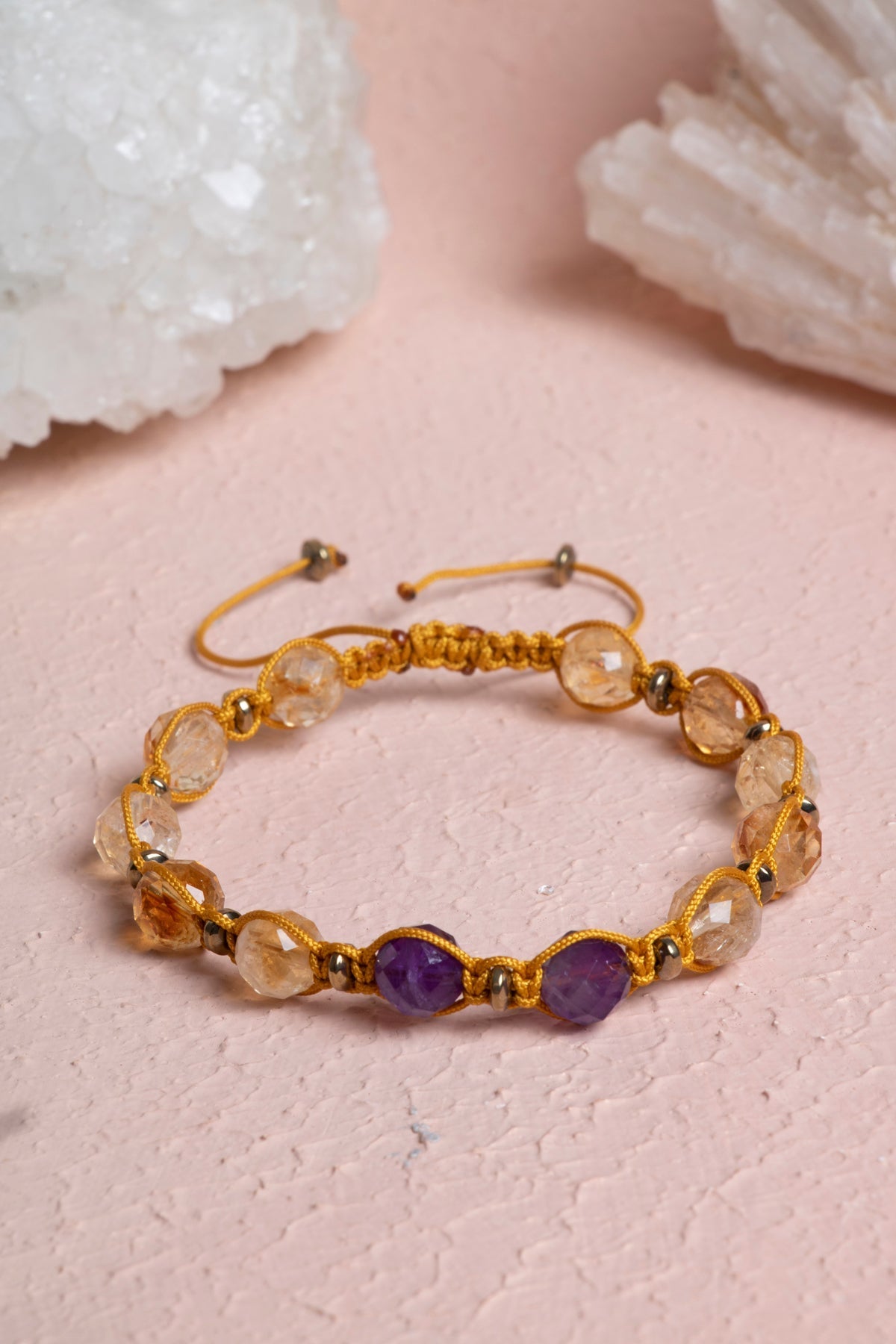 Sertifikalı Sitrin, Ametist Fasetli Doğal Taş Makrome Bileklik 