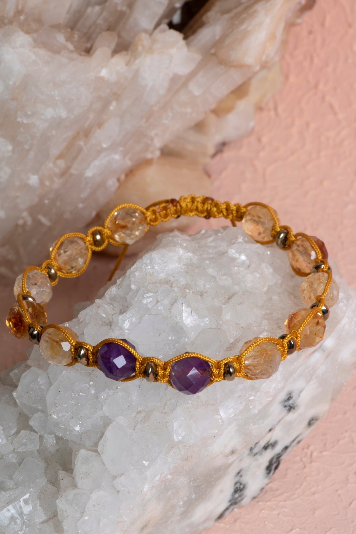 Sertifikalı Sitrin, Ametist Fasetli Doğal Taş Makrome Bileklik 