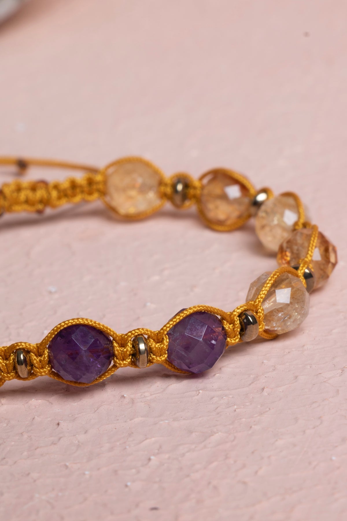 Sertifikalı Sitrin, Ametist Fasetli Doğal Taş Makrome Bileklik 