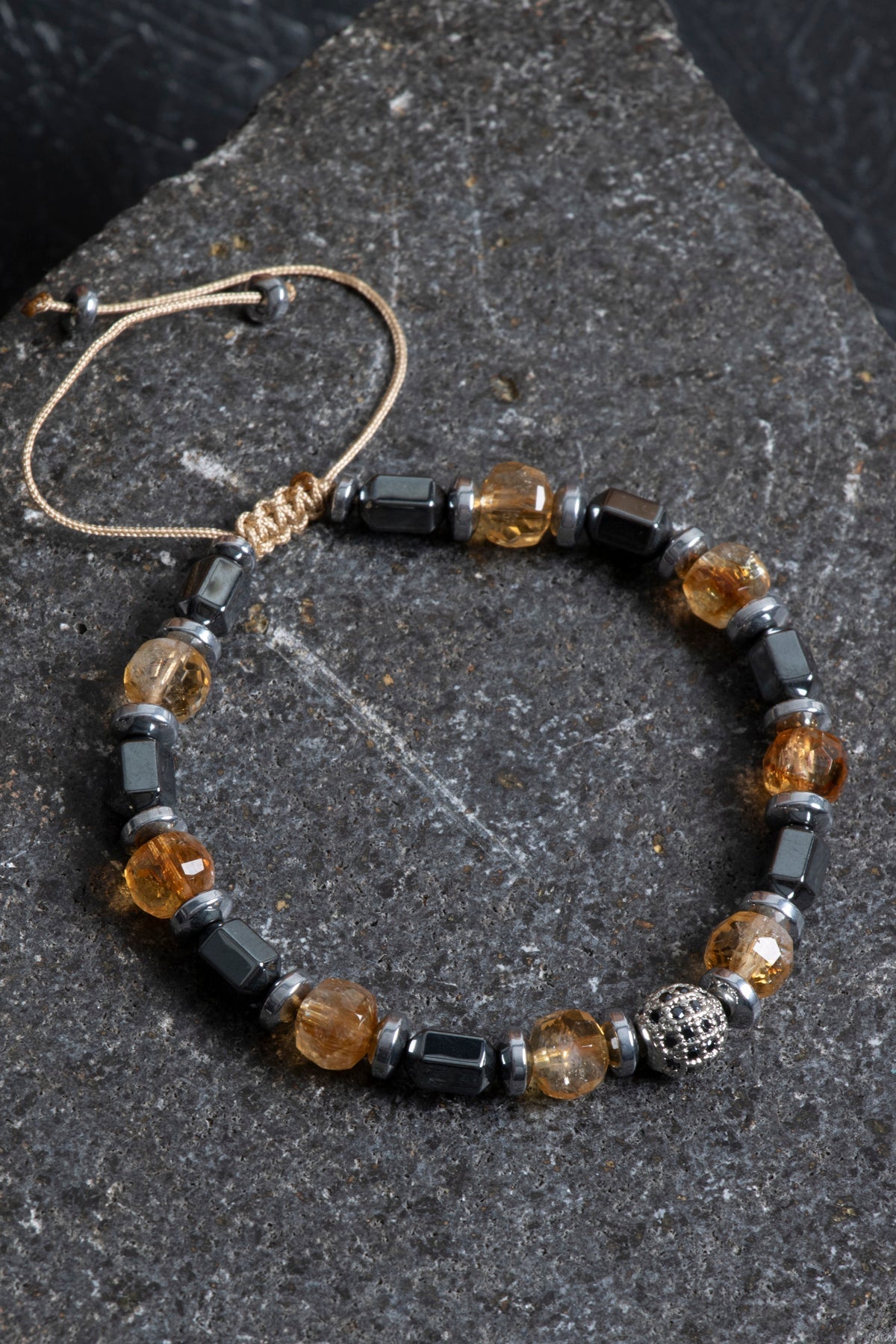 Sertifikalı Sitrin, Hematit Fasetli Doğal Taş Makrome Bileklik
