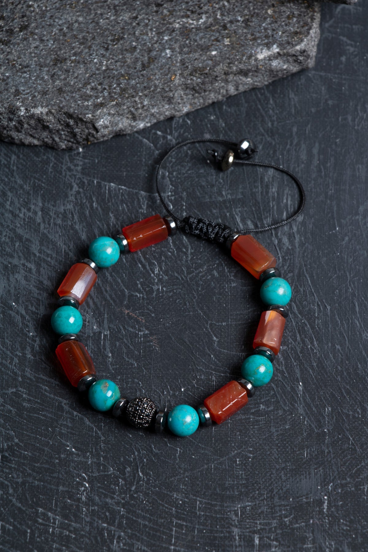 Sertifikalı Turkuaz, Akik, Hematit Zirkon Aparat Makrome Doğal Taş Bileklik