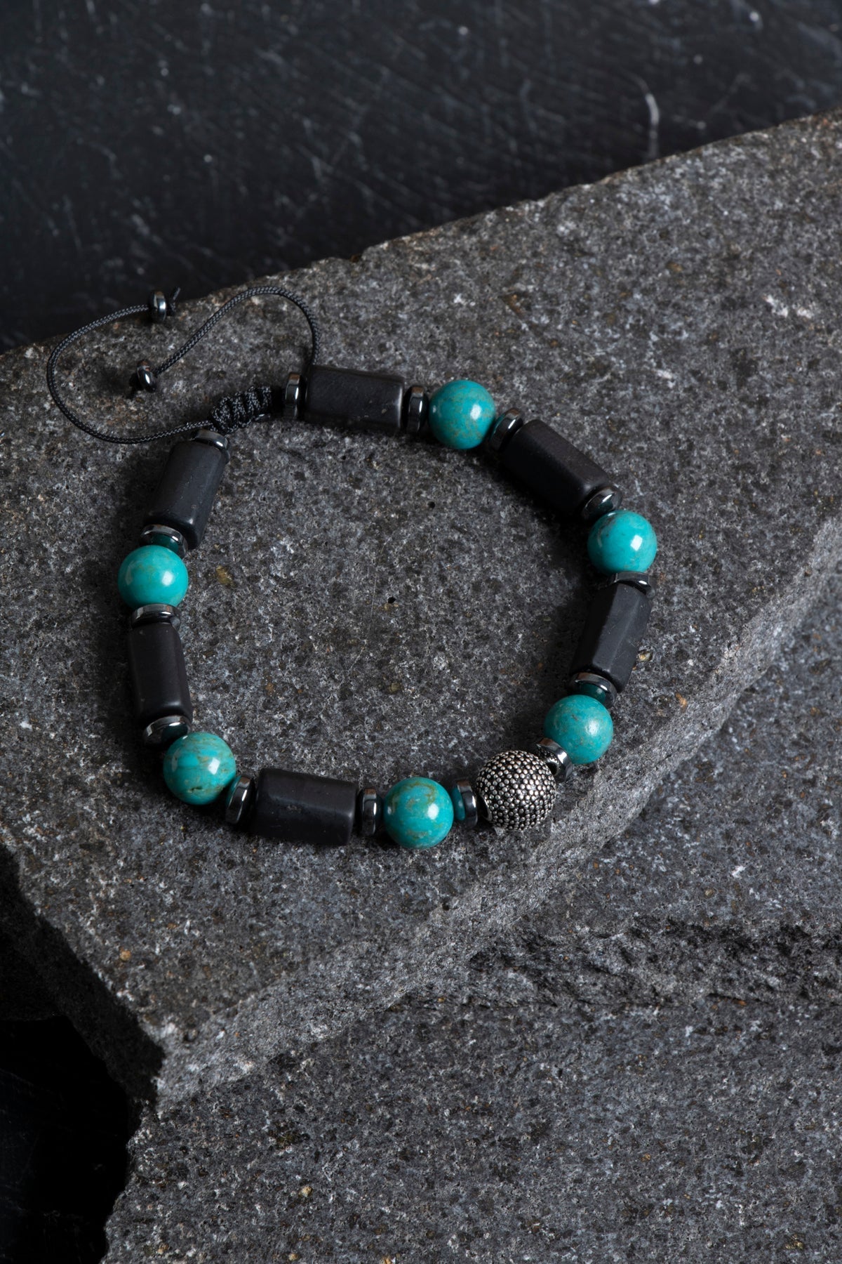 Sertifikalı Turkuaz, Şungit, Hematit Gümüş Aparat Makrome Doğal Taş Bileklik