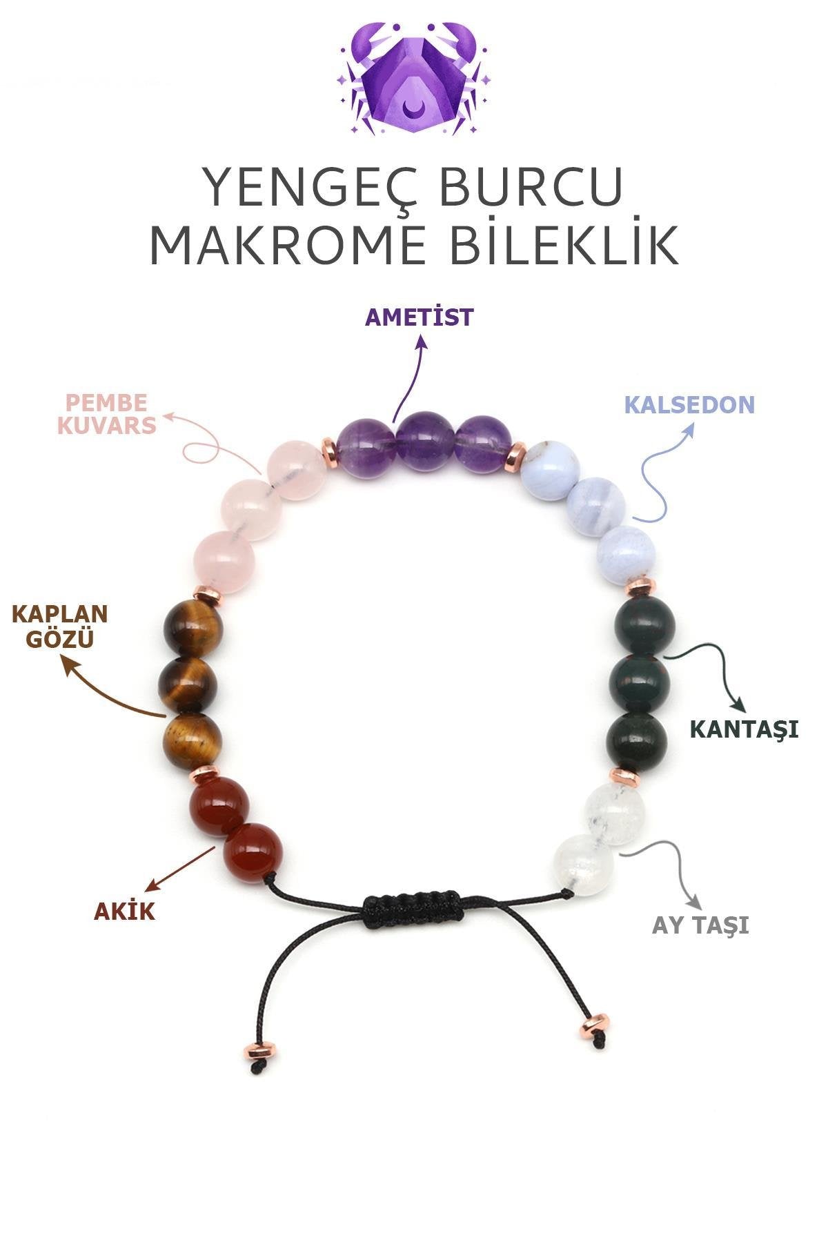 Sertifikalı Yengeç Burcu Doğal Taş Makrome Bileklik
