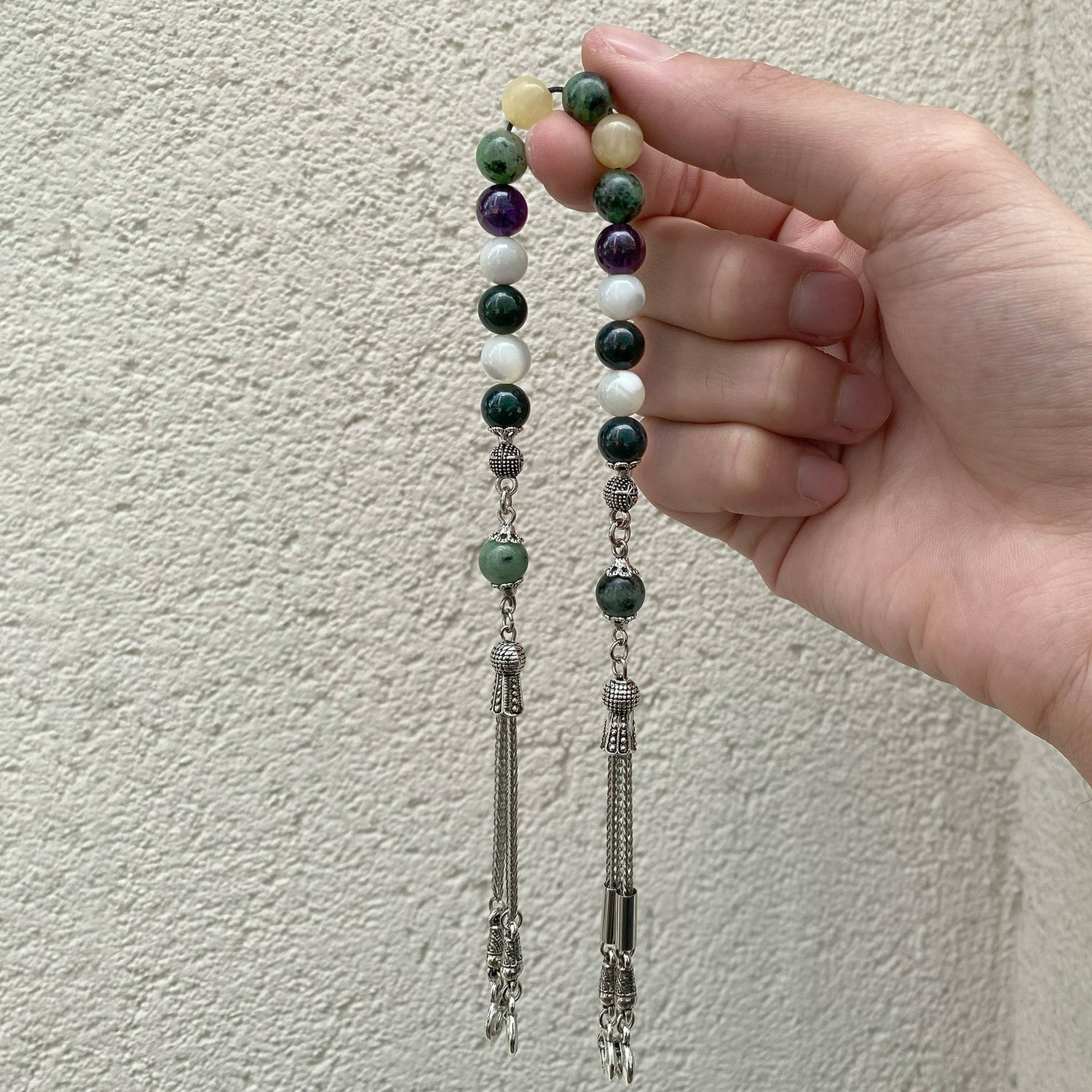 Yengeç Burcu Zaza Tesbih Doğal Taş Ametist, Anyolit, Aragonit, Kan Taşı, Sedef