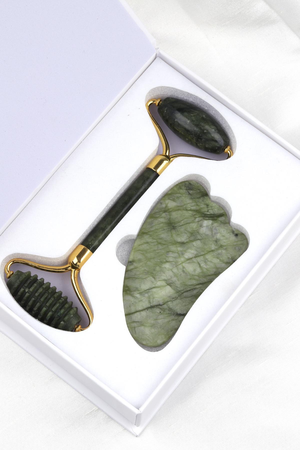 Sertifikalı Yeşim Doğal Taş 2’li Özel Kutulu Set – Face Roller + Gua Sha Masaj Taşı | Pirtash | Özel Üretim