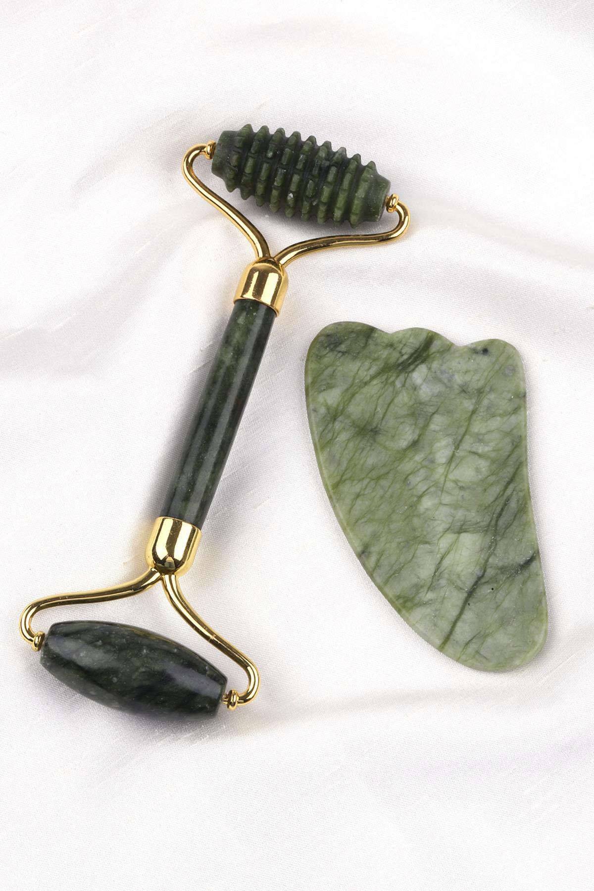 Sertifikalı Yeşim Doğal Taş 2’li Özel Kutulu Set – Face Roller + Gua Sha Masaj Taşı | Pirtash | Özel Üretim